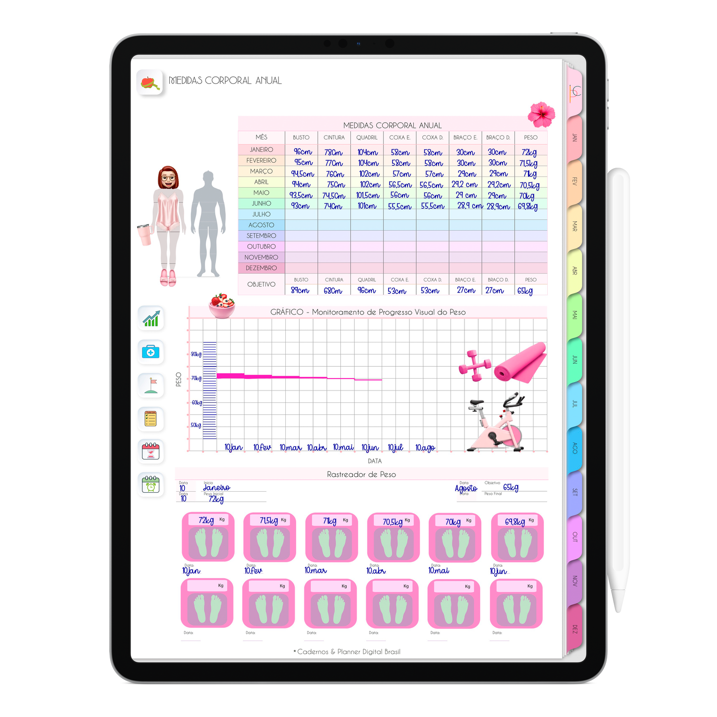 Rastreador de Medidas Corporal, pesagem e gráfico de progresso do Planner Digital 2026 Life In Colors Vertical da Cadernos & Planner Digital Brasil visualizada em um iPad ou Tablet Android, compatível com GoodNotes e Notein.
