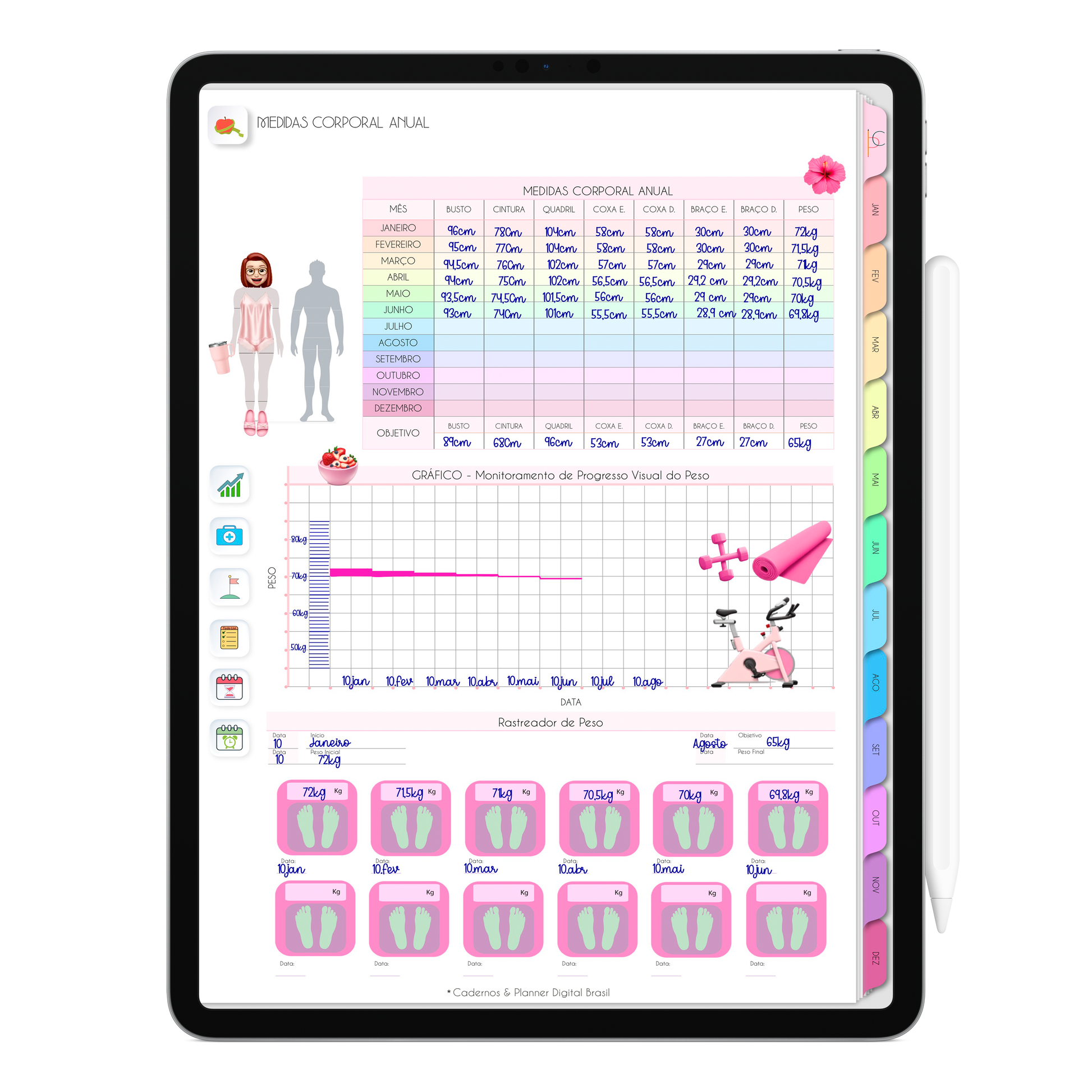 Rastreador de Medidas Corporal, pesagem e gráfico de progresso do Planner Digital 2026 Life In Colors Vertical da Cadernos & Planner Digital Brasil visualizada em um iPad ou Tablet Android, compatível com GoodNotes e Notein.