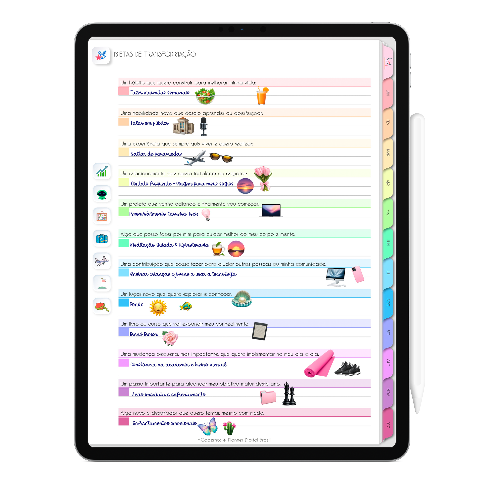 Metas de transformação do Planner Digital 2026 Life In Colors Vertical da Cadernos & Planner Digital Brasil visualizada em um iPad ou Tablet Android, compatível com GoodNotes e Notein.