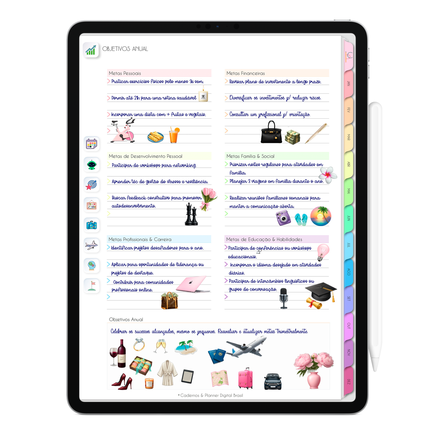 Página Objetivos Anual com seção para definir metas das áreas da vida do Planner Digital 2026 Life In Colors Vertical da Cadernos & Planner Digital Brasil visualizada em um iPad ou Tablet Android, compatível com GoodNotes e Notein.
