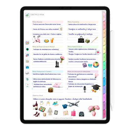 Página Objetivos Anual com seção para definir metas das áreas da vida do Planner Digital 2026 Life In Colors Vertical da Cadernos & Planner Digital Brasil visualizada em um iPad ou Tablet Android, compatível com GoodNotes e Notein.