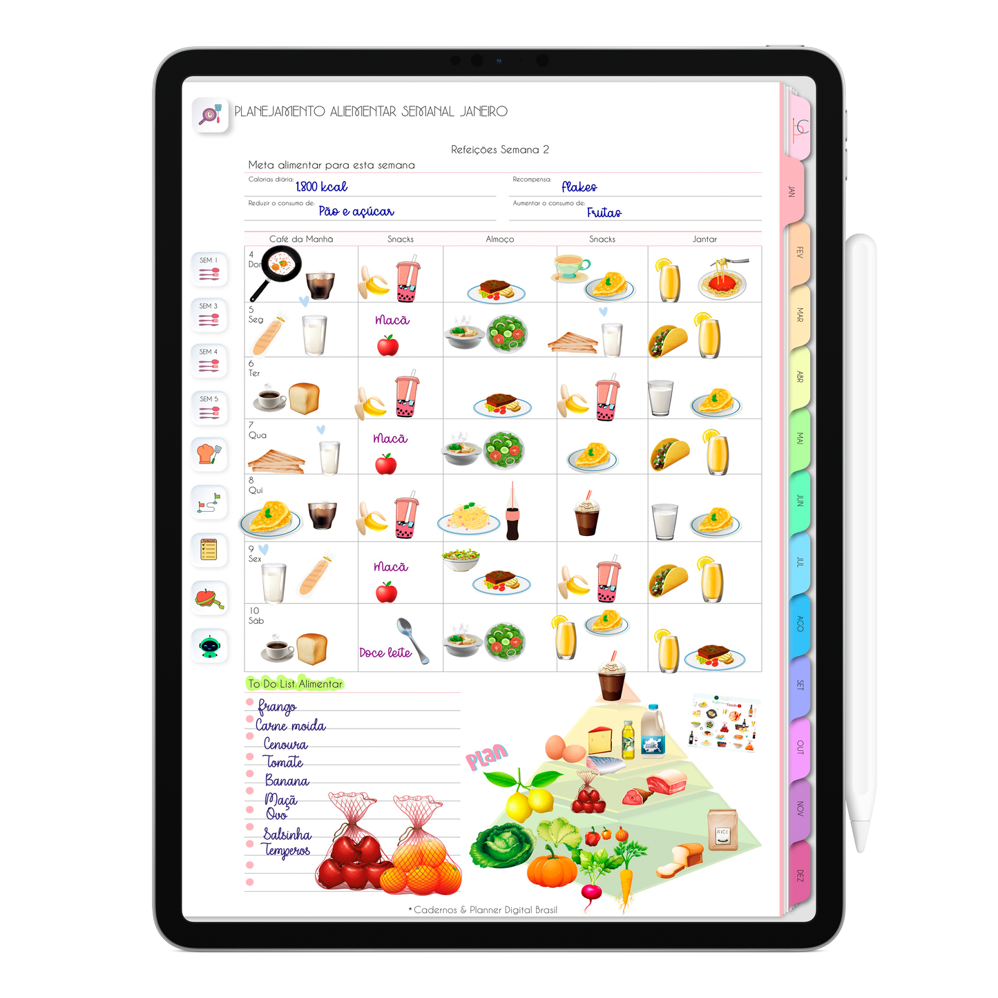 Planner Alimentar semanal para as 53 semanas do ano do Planner Digital 2026 Life In Colors Vertical da Cadernos & Planner Digital Brasil visualizada em um iPad ou Tablet Android, compatível com GoodNotes e Notein.