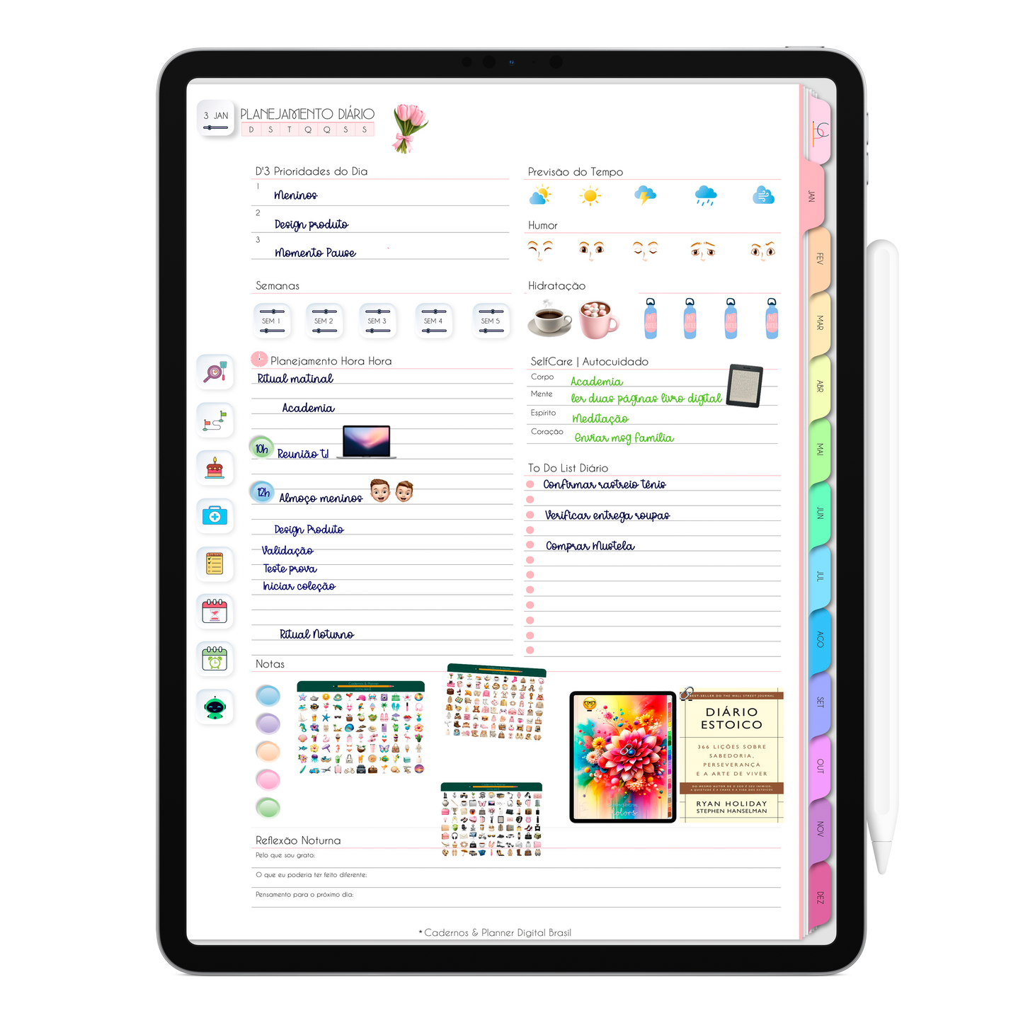 Planner Diário, agenda diária no Planner Digital 2026 Life In Colors Vertical da Cadernos & Planner Digital Brasil visualizada em um iPad ou Tablet Android, compatível com GoodNotes e Notein.