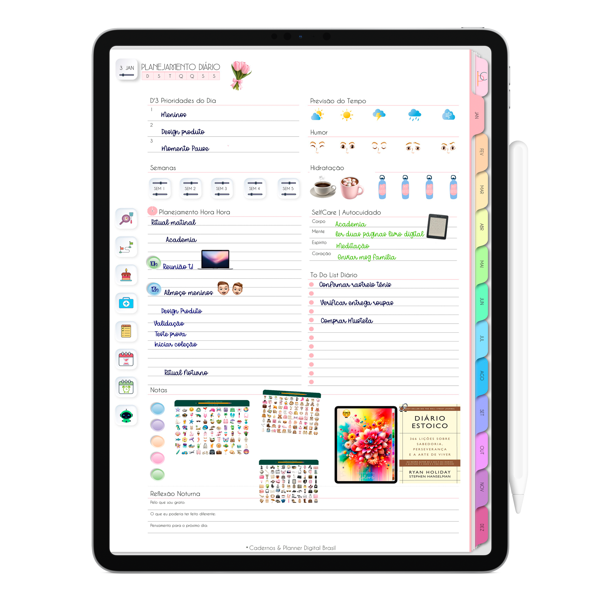 Planner Diário, agenda diária no Planner Digital 2026 Life In Colors Vertical da Cadernos & Planner Digital Brasil visualizada em um iPad ou Tablet Android, compatível com GoodNotes e Notein.