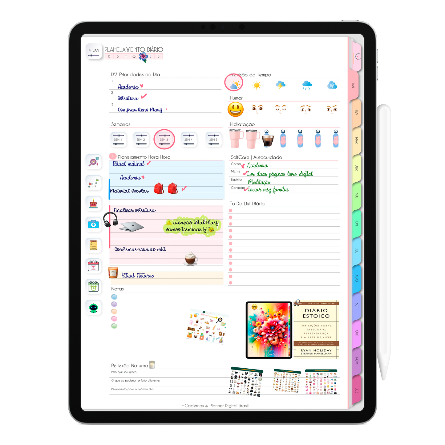 Planner Diário, planejamento do dia com agenda hora a hora no Planner Digital 2026 Life In Colors Vertical da Cadernos & Planner Digital Brasil visualizada em um iPad ou Tablet Android, compatível com GoodNotes e Notein.