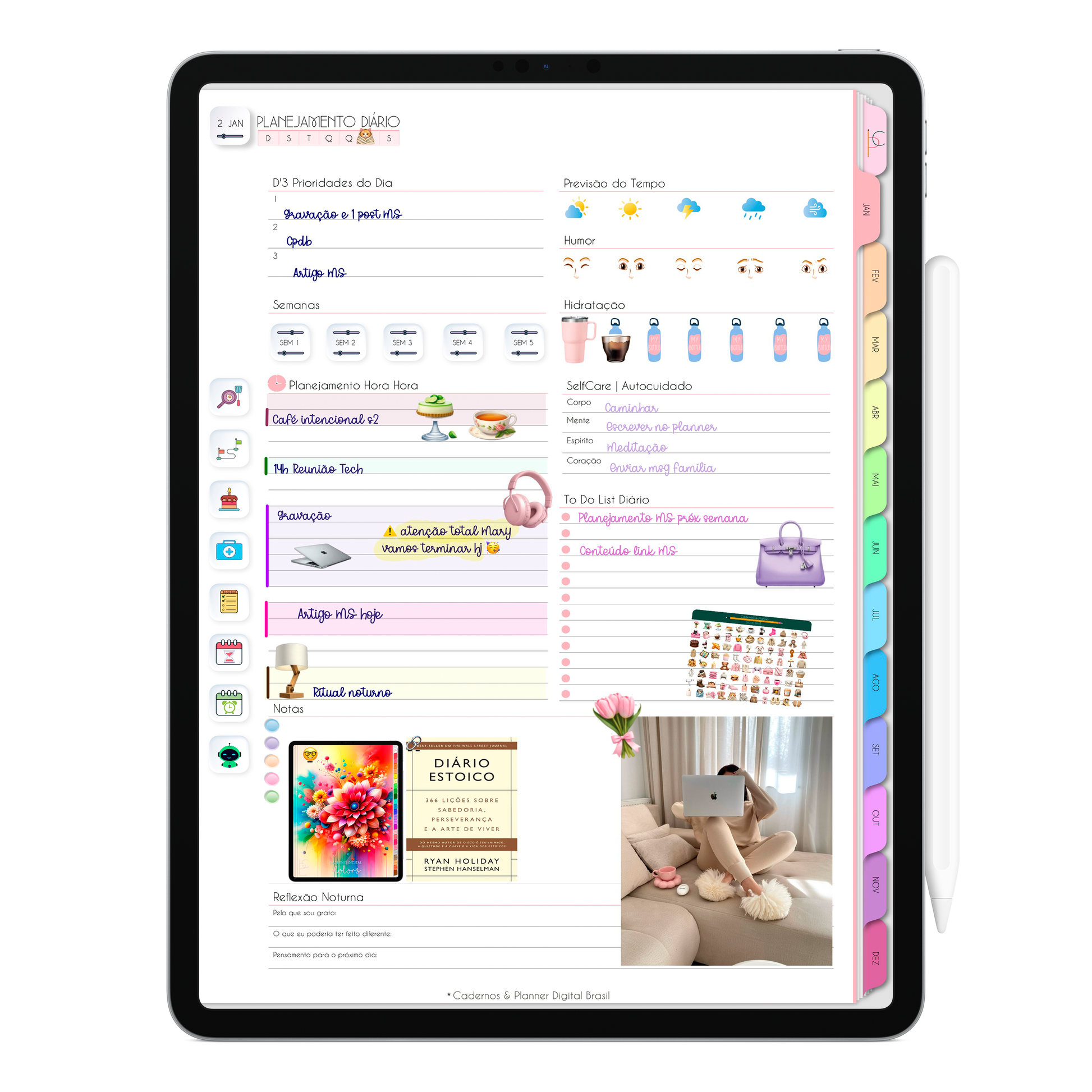 Planejamento diário no Planner Digital 2026 Life In Colors Vertical da Cadernos & Planner Digital Brasil visualizada em um iPad ou Tablet Android, compatível com GoodNotes e Notein.