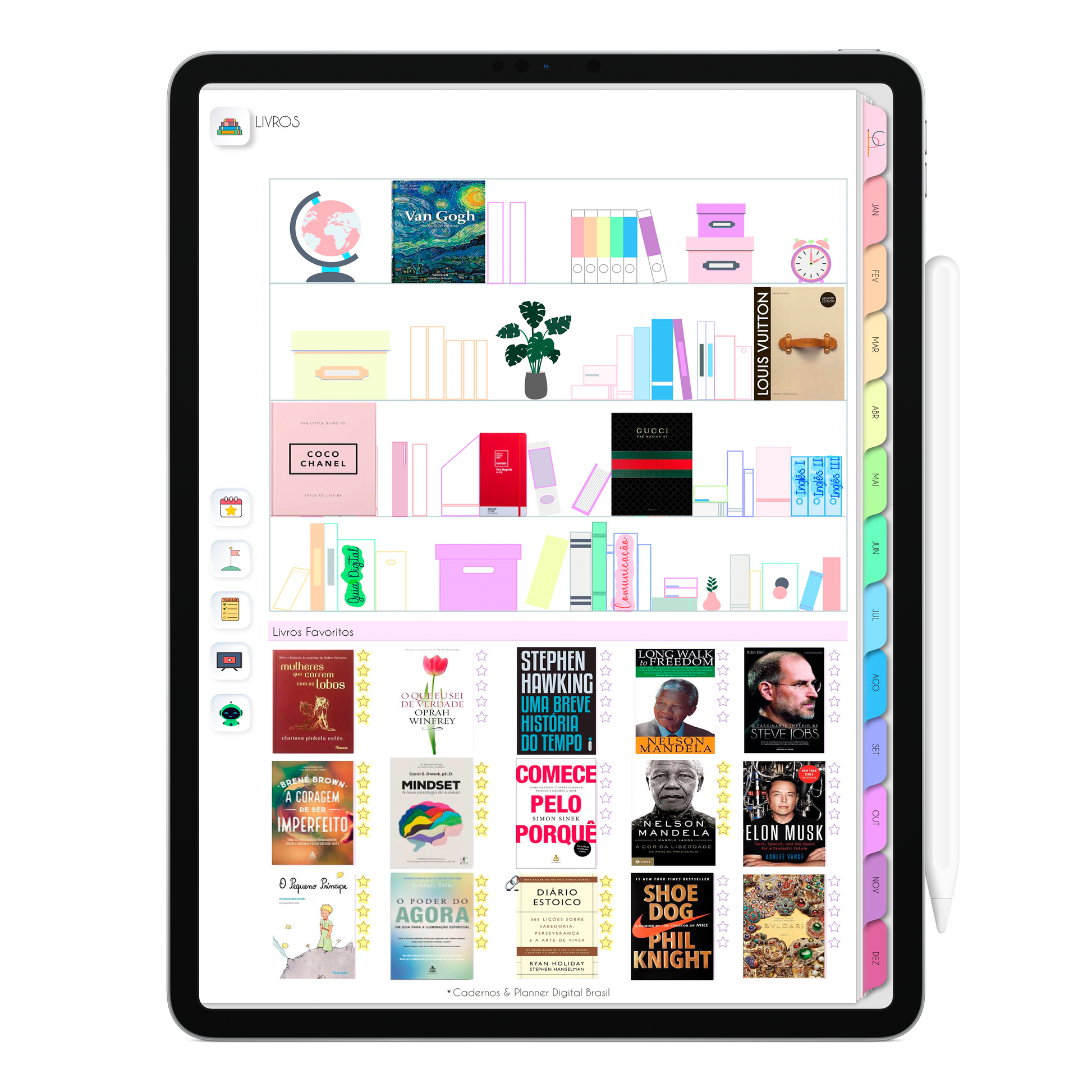 Estante de livros, leituras e avaliações dos livros lidos do Planner Digital 2026 Life In Colors Vertical da Cadernos & Planner Digital Brasil visualizada em um iPad ou Tablet Android, compatível com GoodNotes e Notein.