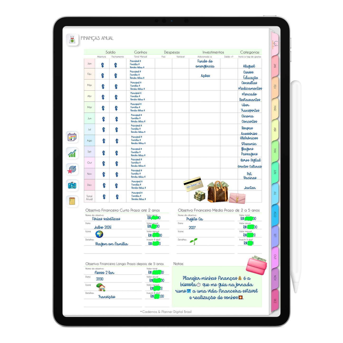 Planner Financeiro de finanças anual do Planner Digital 2026 Life In Colors Vertical da Cadernos & Planner Digital Brasil visualizada em um iPad ou Tablet Android, compatível com GoodNotes e Notein.