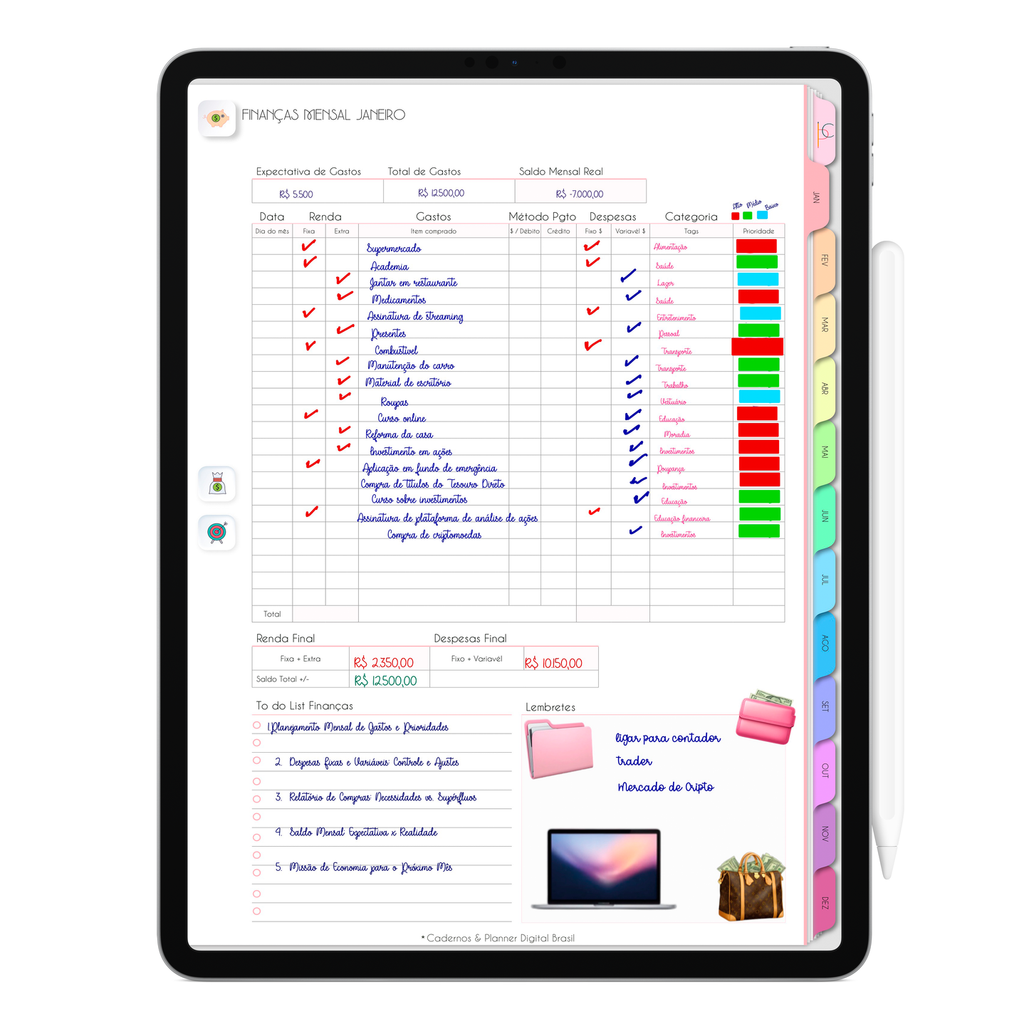 Planner Financeiro mensal, controle das finanças no Planner Digital 2026 Life In Colors Vertical da Cadernos & Planner Digital Brasil visualizada em um iPad ou Tablet Android, compatível com GoodNotes e Notein.