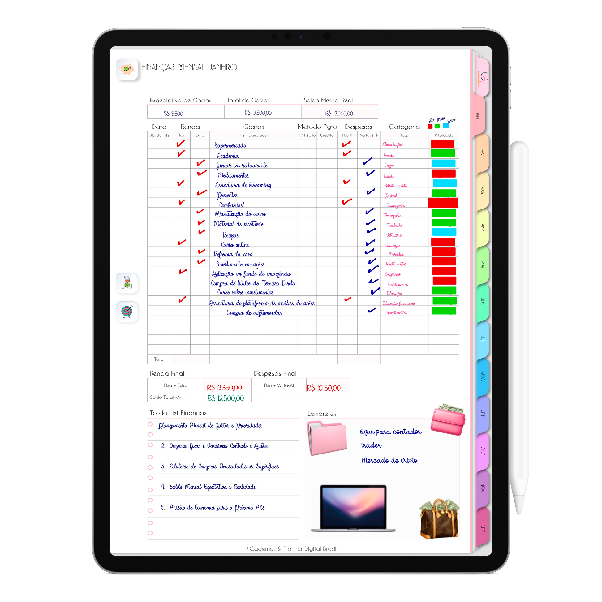 Planner Financeiro mensal, controle das finanças no Planner Digital 2026 Life In Colors Vertical da Cadernos & Planner Digital Brasil visualizada em um iPad ou Tablet Android, compatível com GoodNotes e Notein.