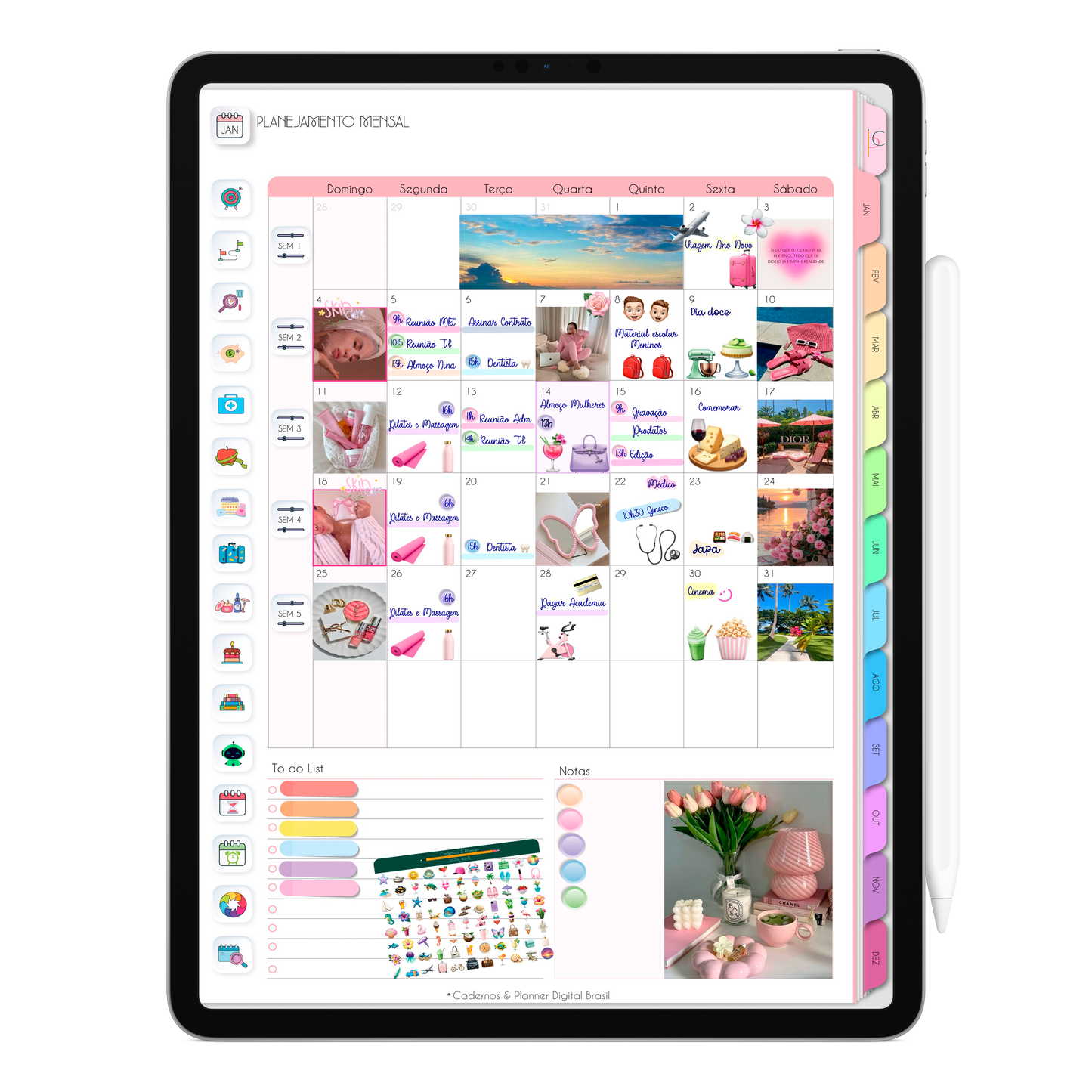 Planner Mensal, calendário mensal com botões e abas clicavéis do Planner Digital 2026 Life In Colors Vertical da Cadernos & Planner Digital Brasil visualizada em um iPad ou Tablet Android, compatível com GoodNotes e Notein.