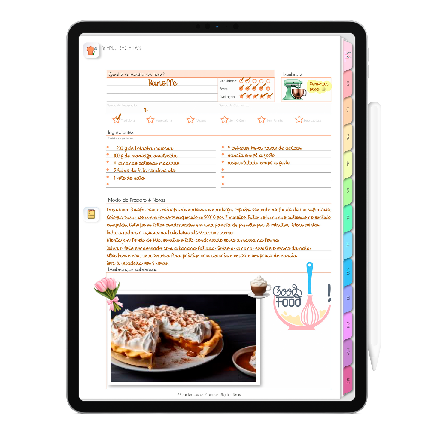 Planner Menu receitas do Planner Digital 2026 Life In Colors Vertical da Cadernos & Planner Digital Brasil visualizada em um iPad ou Tablet Android, compatível com GoodNotes e Notein.