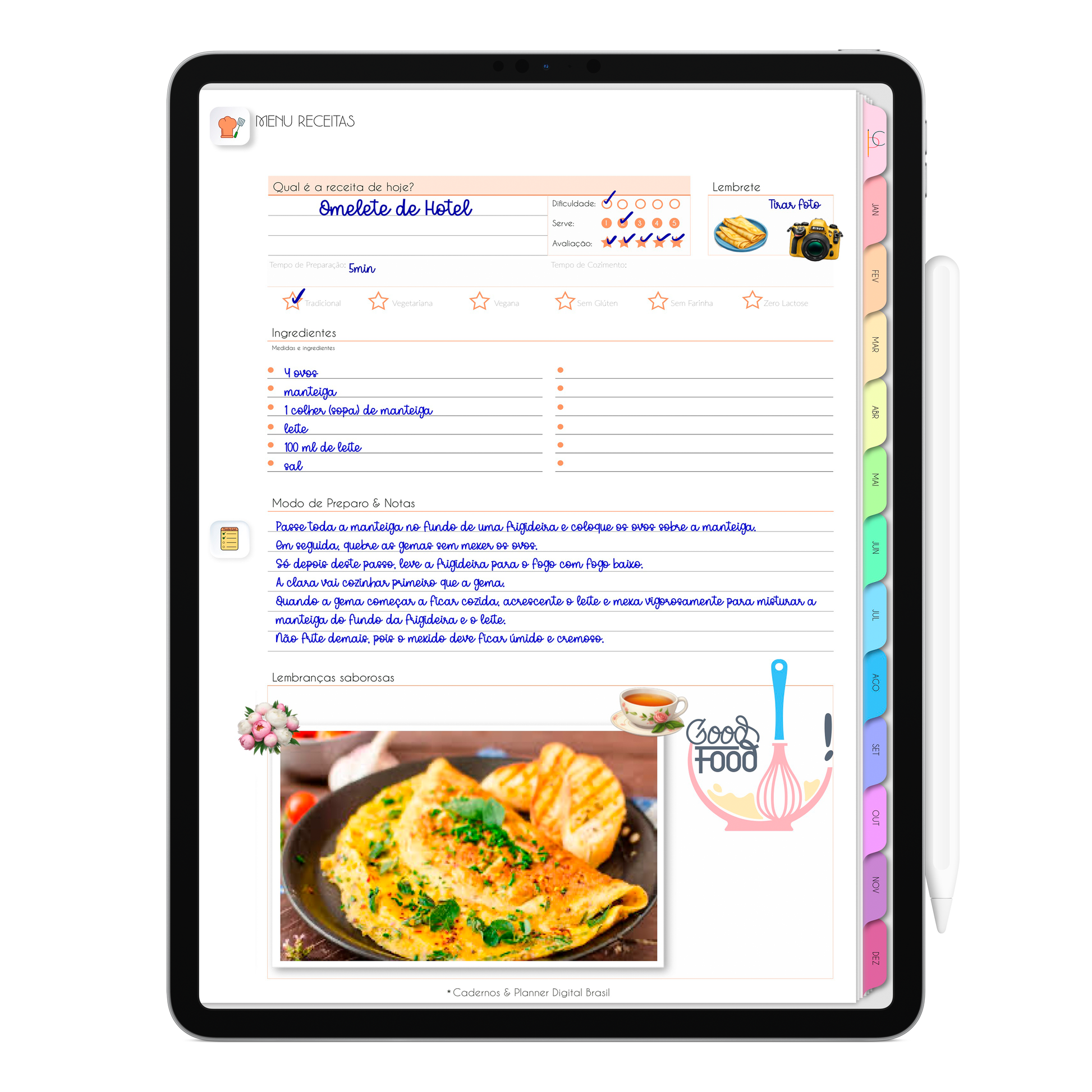 Planner de Receitas do Planner Digital 2026 Life In Colors Vertical da Cadernos & Planner Digital Brasil visualizada em um iPad ou Tablet Android, compatível com GoodNotes e Notein.