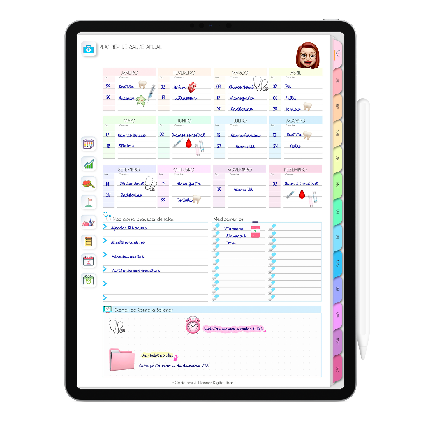 Planner de Saúde Anual do Planner Digital 2026 Life In Colors Vertical da Cadernos & Planner Digital Brasil visualizada em um iPad ou Tablet Android, compatível com GoodNotes e Notein.