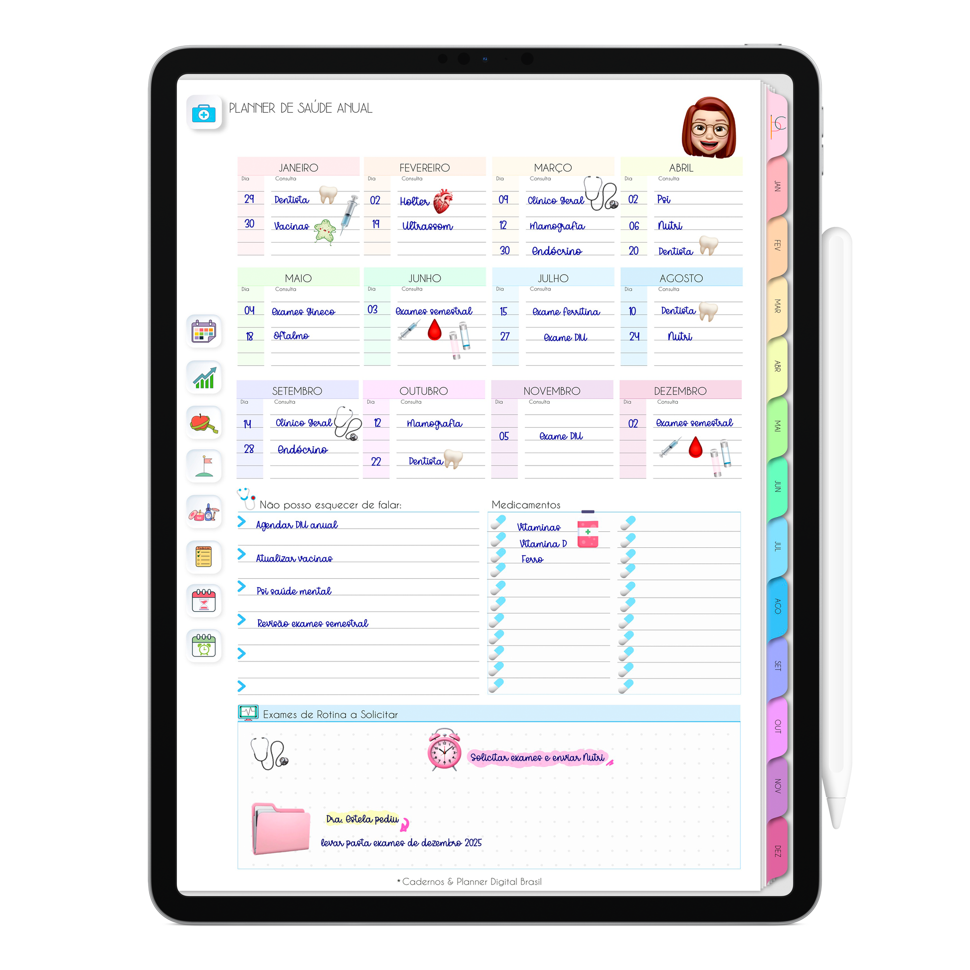 Planner de Saúde Anual do Planner Digital 2026 Life In Colors Vertical da Cadernos & Planner Digital Brasil visualizada em um iPad ou Tablet Android, compatível com GoodNotes e Notein.