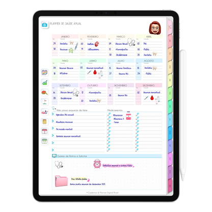 Planner de Saúde Anual do Planner Digital 2026 Life In Colors Vertical da Cadernos & Planner Digital Brasil visualizada em um iPad ou Tablet Android, compatível com GoodNotes e Notein.