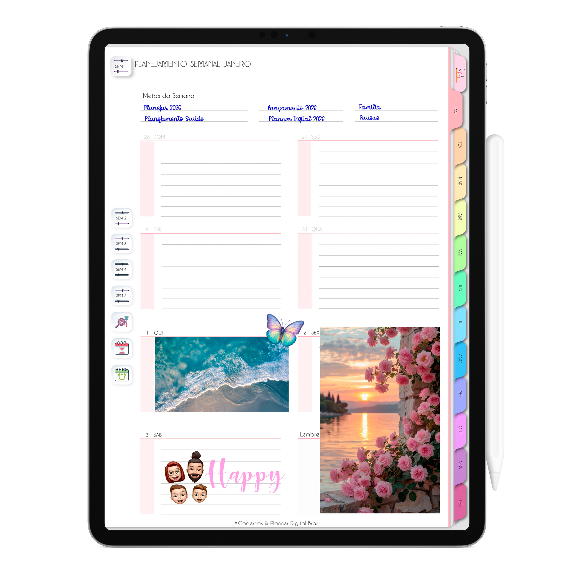 Planner Semanal, planejamento da semana do Planner Digital 2026 Life In Colors Vertical da Cadernos & Planner Digital Brasil visualizada em um iPad ou Tablet Android, compatível com GoodNotes e Notein.