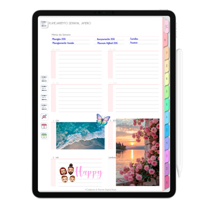 Planner Semanal, planejamento da semana do Planner Digital 2026 Life In Colors Vertical da Cadernos & Planner Digital Brasil visualizada em um iPad ou Tablet Android, compatível com GoodNotes e Notein.