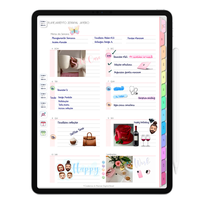 Planner Semana do Planner Digital 2026 Life In Colors Vertical da Cadernos & Planner Digital Brasil visualizada em um iPad ou Tablet Android, compatível com GoodNotes e Notein.