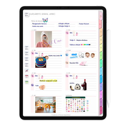 Planner Semanal com Apple calendar e Google agenda do Planner Digital 2026 Life In Colors Vertical da Cadernos & Planner Digital Brasil visualizada em um iPad ou Tablet Android, compatível com GoodNotes e Notein.