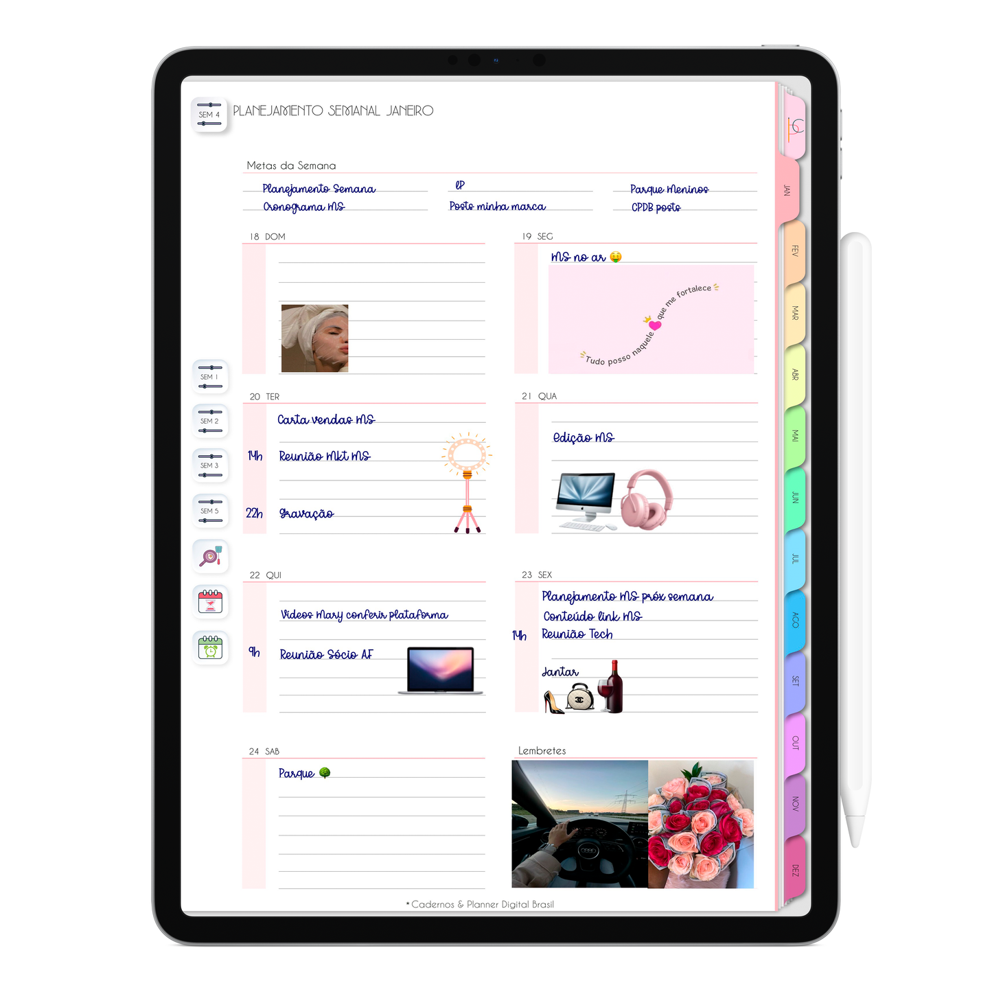 Planner Semanal, planejamento da semana com apple calendar e google agenda do Planner Digital 2026 Life In Colors Vertical da Cadernos & Planner Digital Brasil visualizada em um iPad ou Tablet Android, compatível com GoodNotes e Notein.
