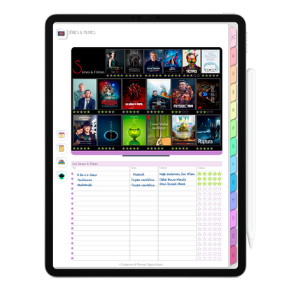 Planner de registro de séries e filmes favoritos do Planner Digital 2026 Life In Colors Vertical da Cadernos & Planner Digital Brasil visualizada em um iPad ou Tablet Android, compatível com GoodNotes e Notein.