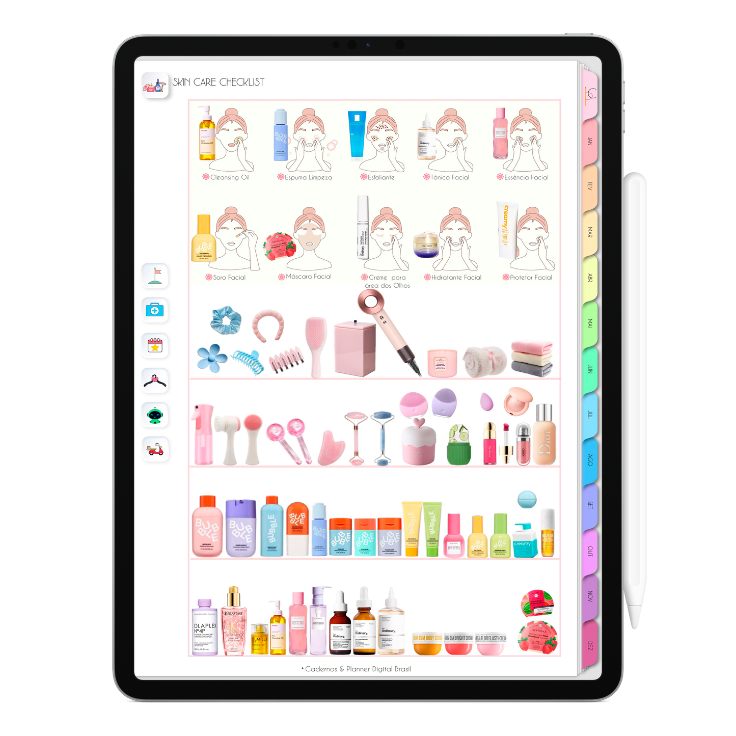 Planner SkinCare Checklist autocuidado do Planner Digital 2026 Life In Colors Vertical da Cadernos & Planner Digital Brasil visualizada em um iPad ou Tablet Android, compatível com GoodNotes e Notein.