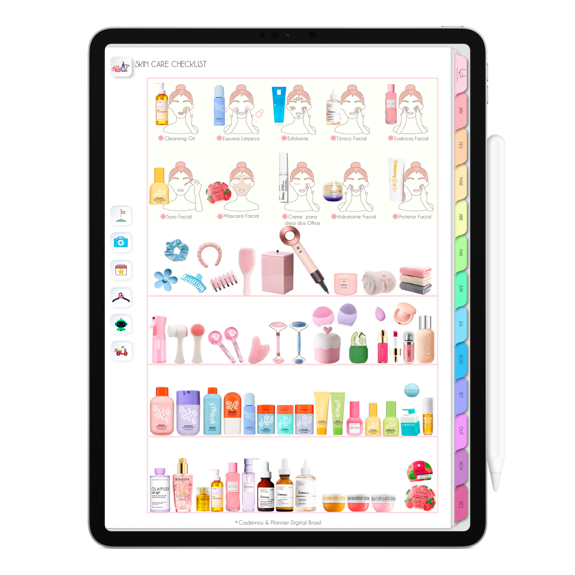 Planner SkinCare Checklist autocuidado do Planner Digital 2026 Life In Colors Vertical da Cadernos & Planner Digital Brasil visualizada em um iPad ou Tablet Android, compatível com GoodNotes e Notein.