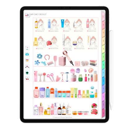 Planner SkinCare Checklist autocuidado do Planner Digital 2026 Life In Colors Vertical da Cadernos & Planner Digital Brasil visualizada em um iPad ou Tablet Android, compatível com GoodNotes e Notein.