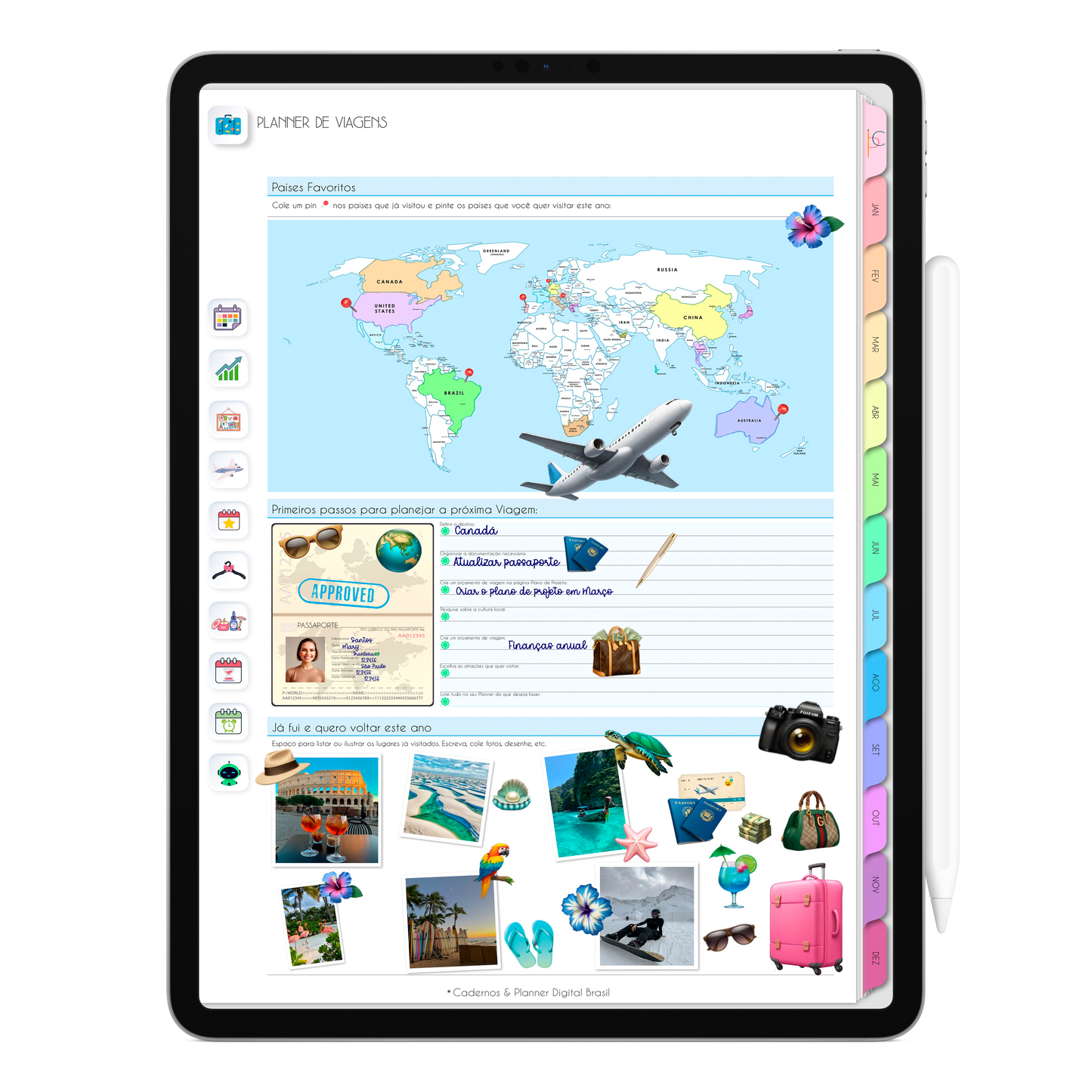 Planner de Viagens do Planner Digital 2026 Life In Colors Vertical da Cadernos & Planner Digital Brasil visualizada em um iPad ou Tablet Android, compatível com GoodNotes e Notein.