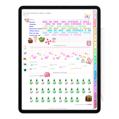 Planner rastreador de hábitos mensal, rastreador do sono e finanças do Planner Digital 2026 Life In Colors Vertical da Cadernos & Planner Digital Brasil visualizada em um iPad ou Tablet Android, compatível com GoodNotes e Notein.