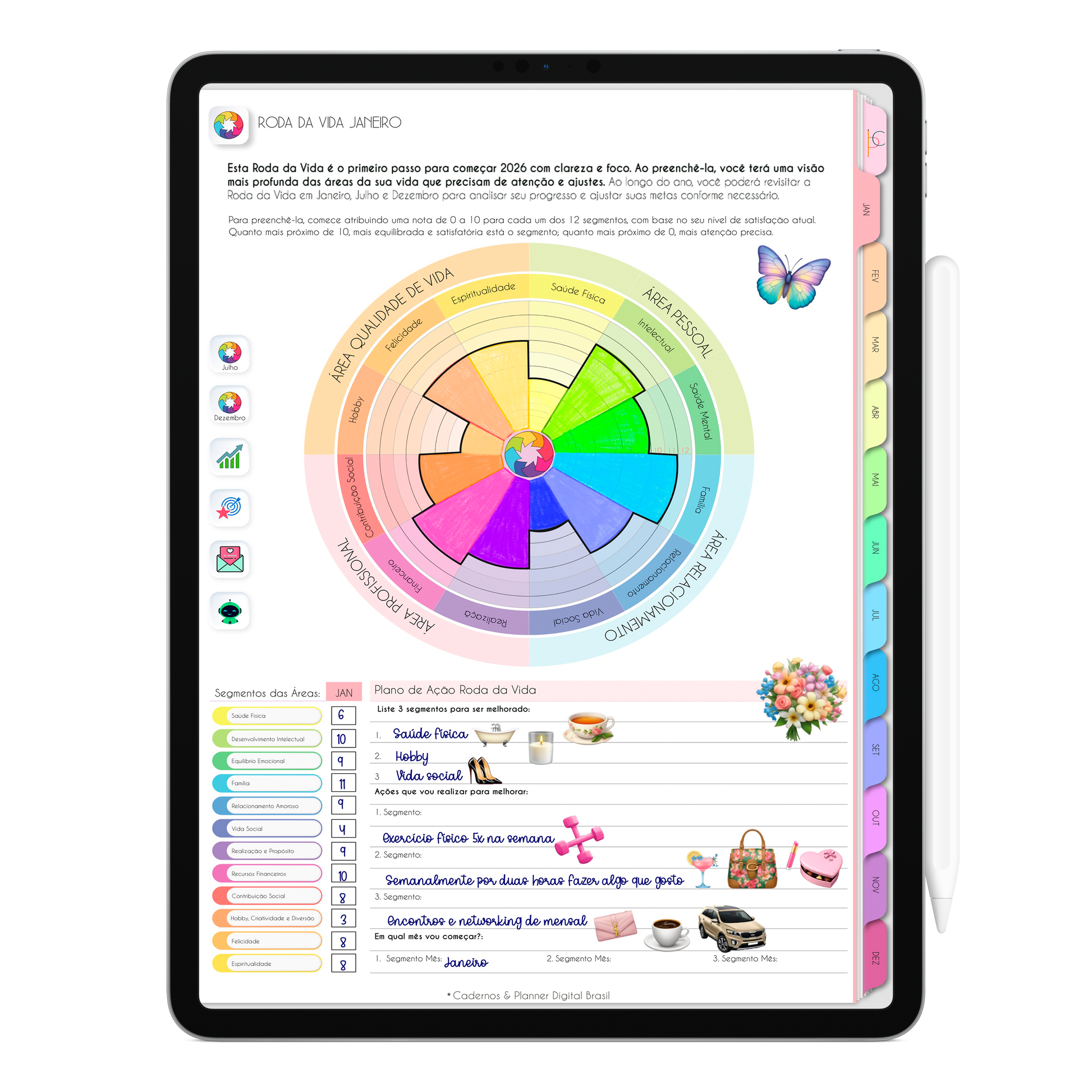 Página Roda da Vida Jan, Jul, Dez do Planner Digital 2026 Life In Colors Vertical da Cadernos & Planner Digital Brasil visualizada em um iPad ou Tablet Android, compatível com GoodNotes e Notein.