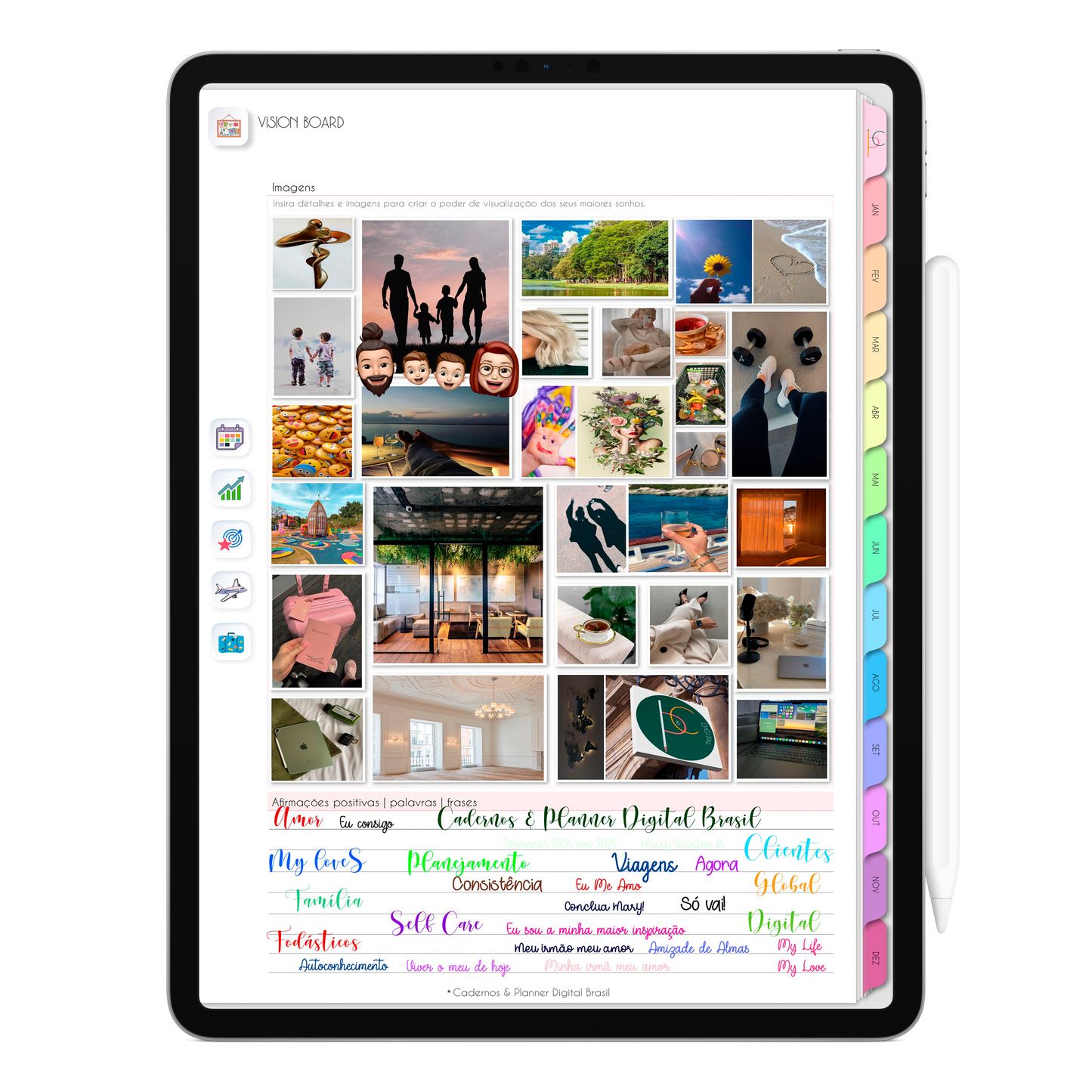 Vision Board 2026 do Planner Digital 2026 Life In Colors Vertical da Cadernos & Planner Digital Brasil visualizada em um iPad ou Tablet Android, compatível com GoodNotes e Notein.