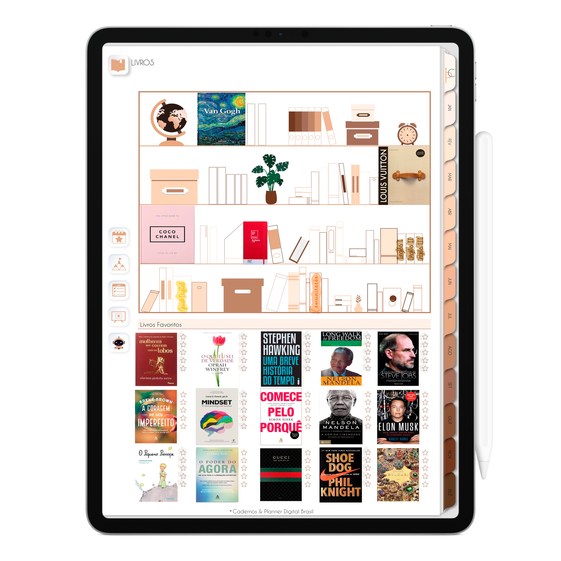 Estante de livros, leituras e avaliações dos livros lidos do Planner Digital 2026 Minimal Universe Vertical da Cadernos & Planner Digital Brasil visualizada em um iPad ou Tablet Android, compatível com GoodNotes e Notein.