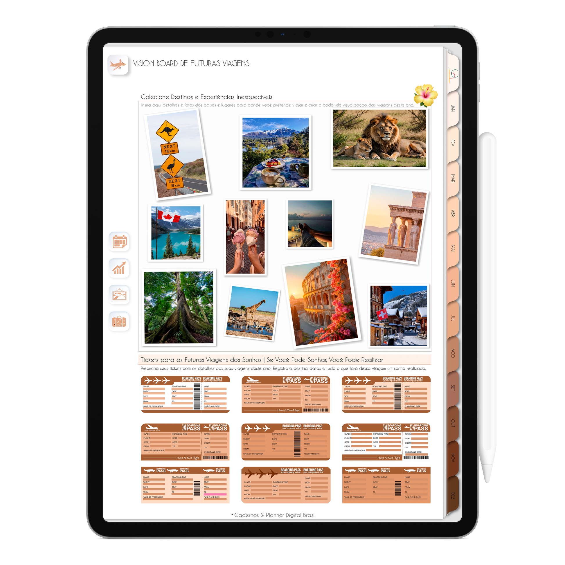 Vision Board de futuras viagens do Planner Digital 2026 Minimal Universe Vertical da Cadernos & Planner Digital Brasil visualizada em um iPad ou Tablet Android, compatível com GoodNotes e Notein.