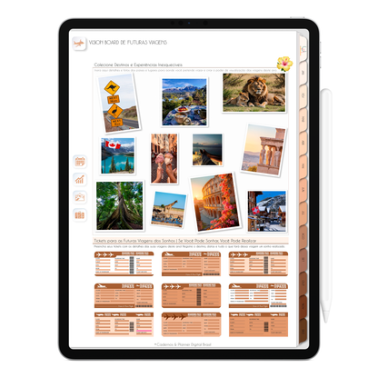 Vision Board de futuras viagens do Planner Digital 2026 Minimal Universe Vertical da Cadernos & Planner Digital Brasil visualizada em um iPad ou Tablet Android, compatível com GoodNotes e Notein.