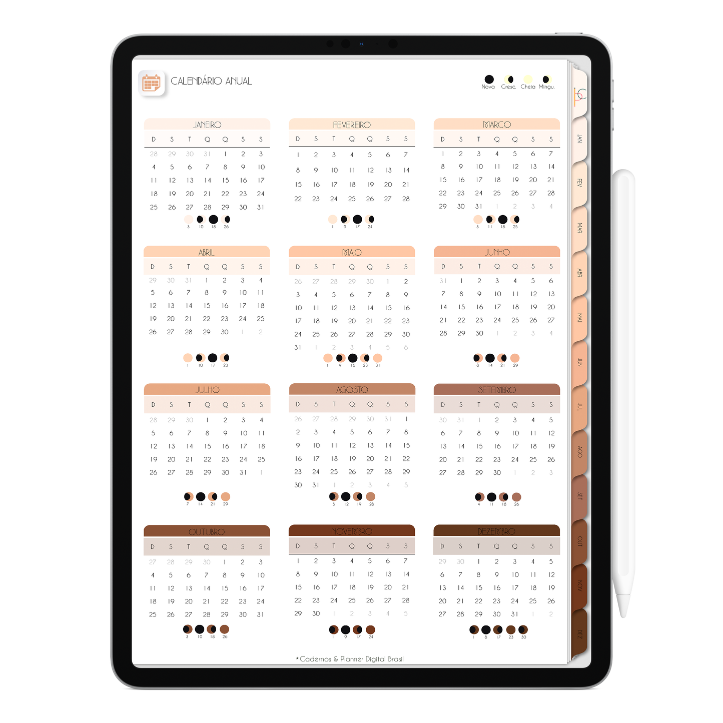 Página Calendário Anual e Lunar do Planner Digital 2026 Minimal Universe Vertical da Cadernos & Planner Digital Brasil visualizada em um iPad ou Tablet Android, compatível com GoodNotes e Notein.