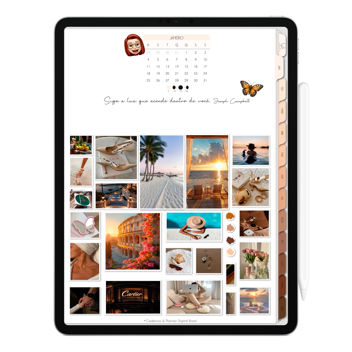 Capa e Moodboard do mês do Planner Digital 2026 Minimal Universe Vertical da Cadernos & Planner Digital Brasil visualizada em um iPad ou Tablet Android, compatível com GoodNotes e Notein.