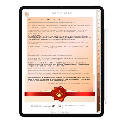 Carta do Seu Eu Futuro do Planner Digital 2026 Minimal Universe Vertical da Cadernos & Planner Digital Brasil visualizada em um iPad ou Tablet Android, compatível com GoodNotes e Notein.