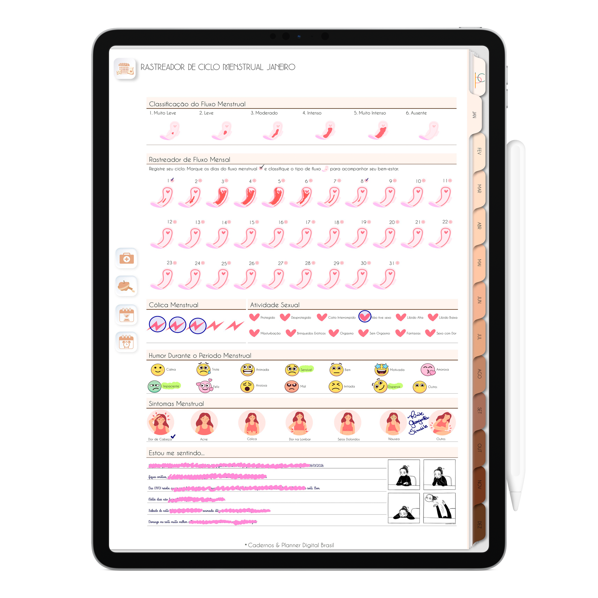 Controle ciclo menstrual e rastreador de humor do Planner Digital 2026 Minimal Universe Vertical da Cadernos & Planner Digital Brasil visualizada em um iPad ou Tablet Android, compatível com GoodNotes e Notein.