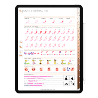 Controle ciclo menstrual e rastreador de humor do Planner Digital 2026 Minimal Universe Vertical da Cadernos & Planner Digital Brasil visualizada em um iPad ou Tablet Android, compatível com GoodNotes e Notein.