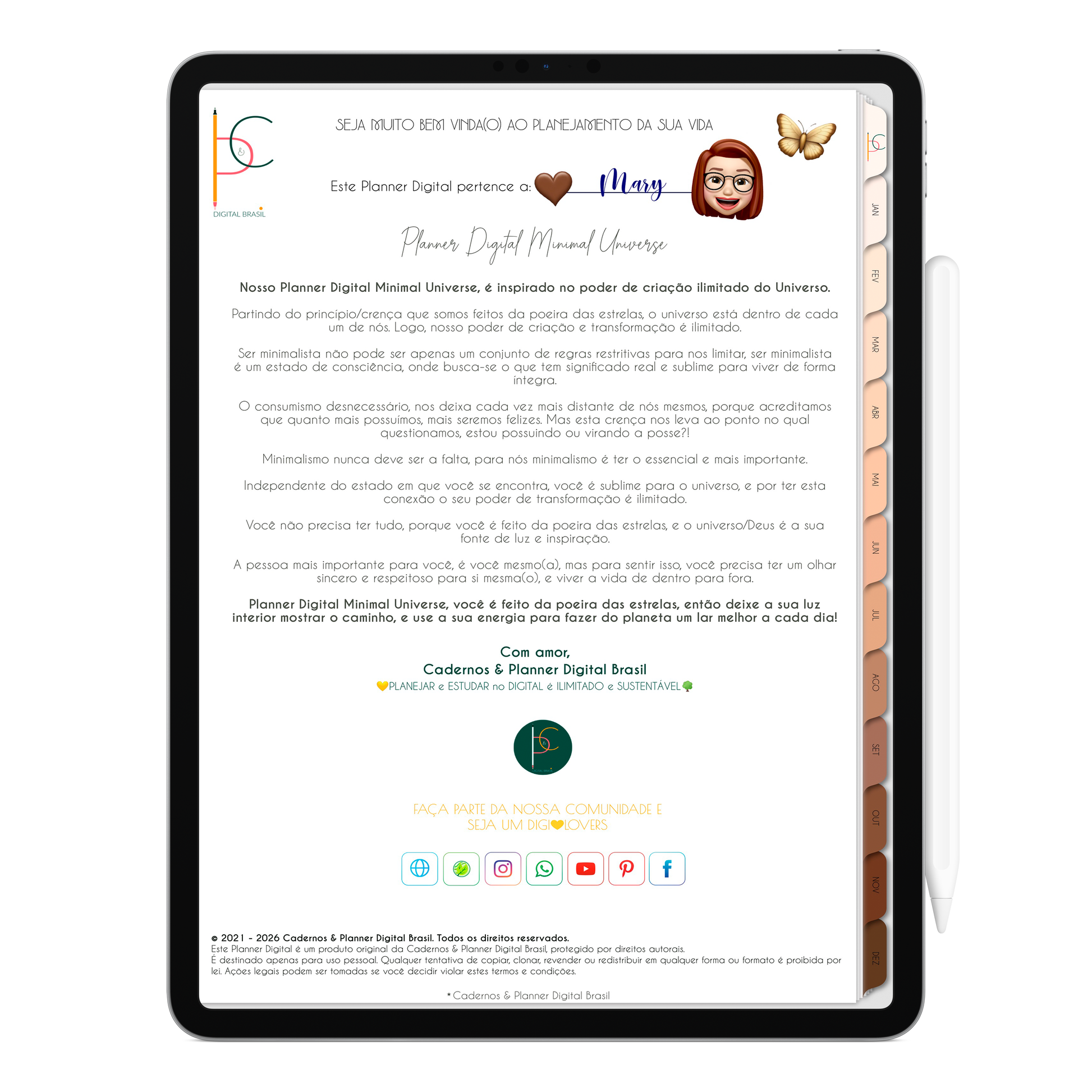 História do Planner Digital da Coleção Minimal Universe Vertical da Cadernos & Planner Digital Brasil visualizada em um iPad ou Tablet Android, compatível com GoodNotes e Notein.