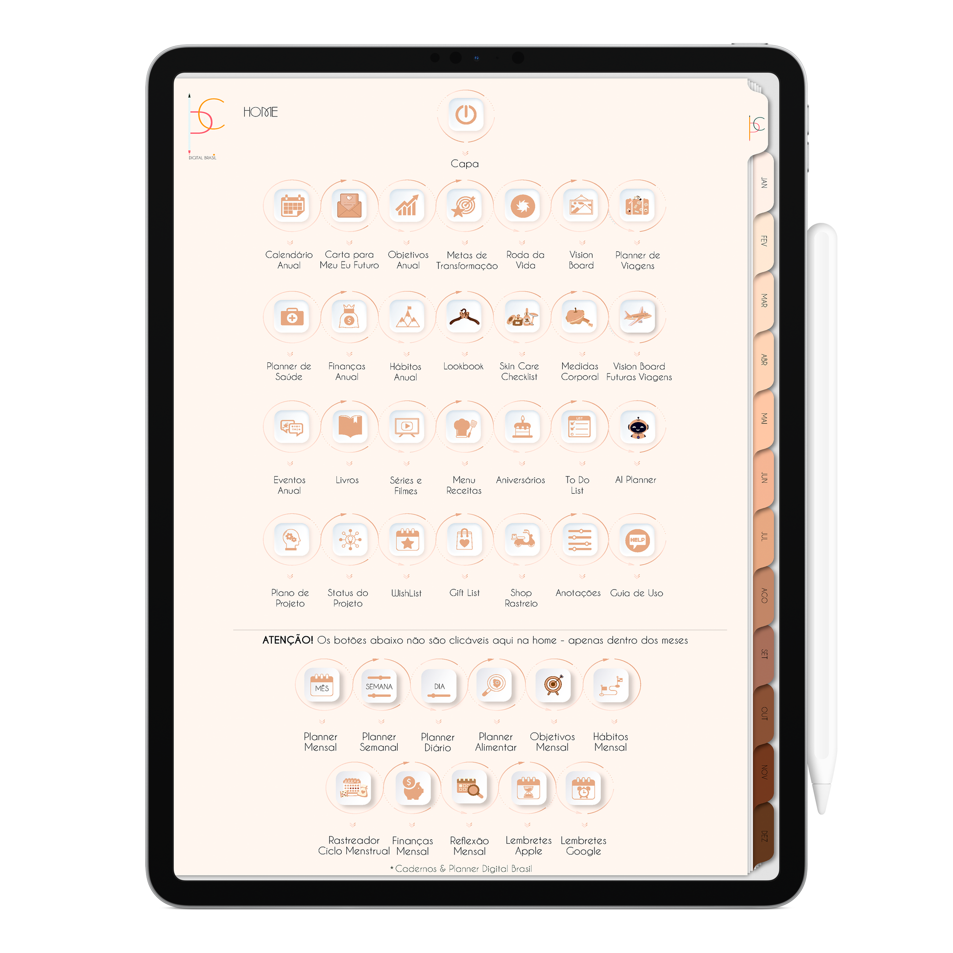 Página Home do Planner Digital 2026 Minimal Universe Vertical da Cadernos & Planner Digital Brasil visualizada em um iPad ou Tablet Android, compatível com GoodNotes e Notein.