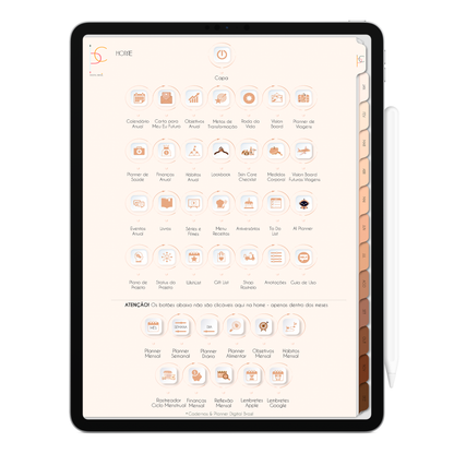 Página Home do Planner Digital 2026 Minimal Universe Vertical da Cadernos & Planner Digital Brasil visualizada em um iPad ou Tablet Android, compatível com GoodNotes e Notein.