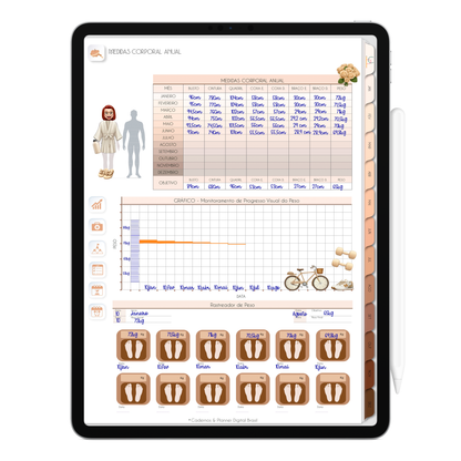 Rastreador de Medidas Corporal, pesagem e gráfico de progresso do Planner Digital 2026 Minimal Universe Vertical da Cadernos & Planner Digital Brasil visualizada em um iPad ou Tablet Android, compatível com GoodNotes e Notein.