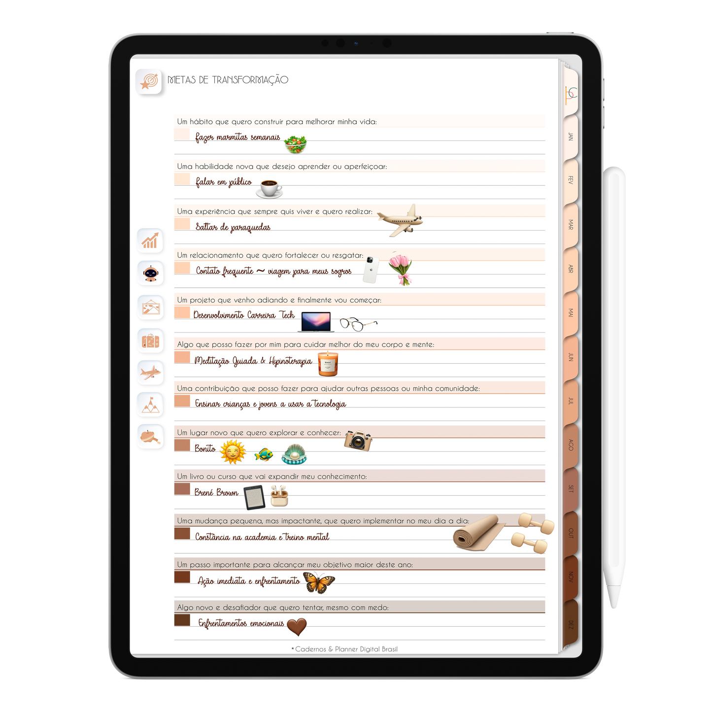 Metas de transformação do Planner Digital 2026 Minimal Universe Vertical da Cadernos & Planner Digital Brasil visualizada em um iPad ou Tablet Android, compatível com GoodNotes e Notein.
