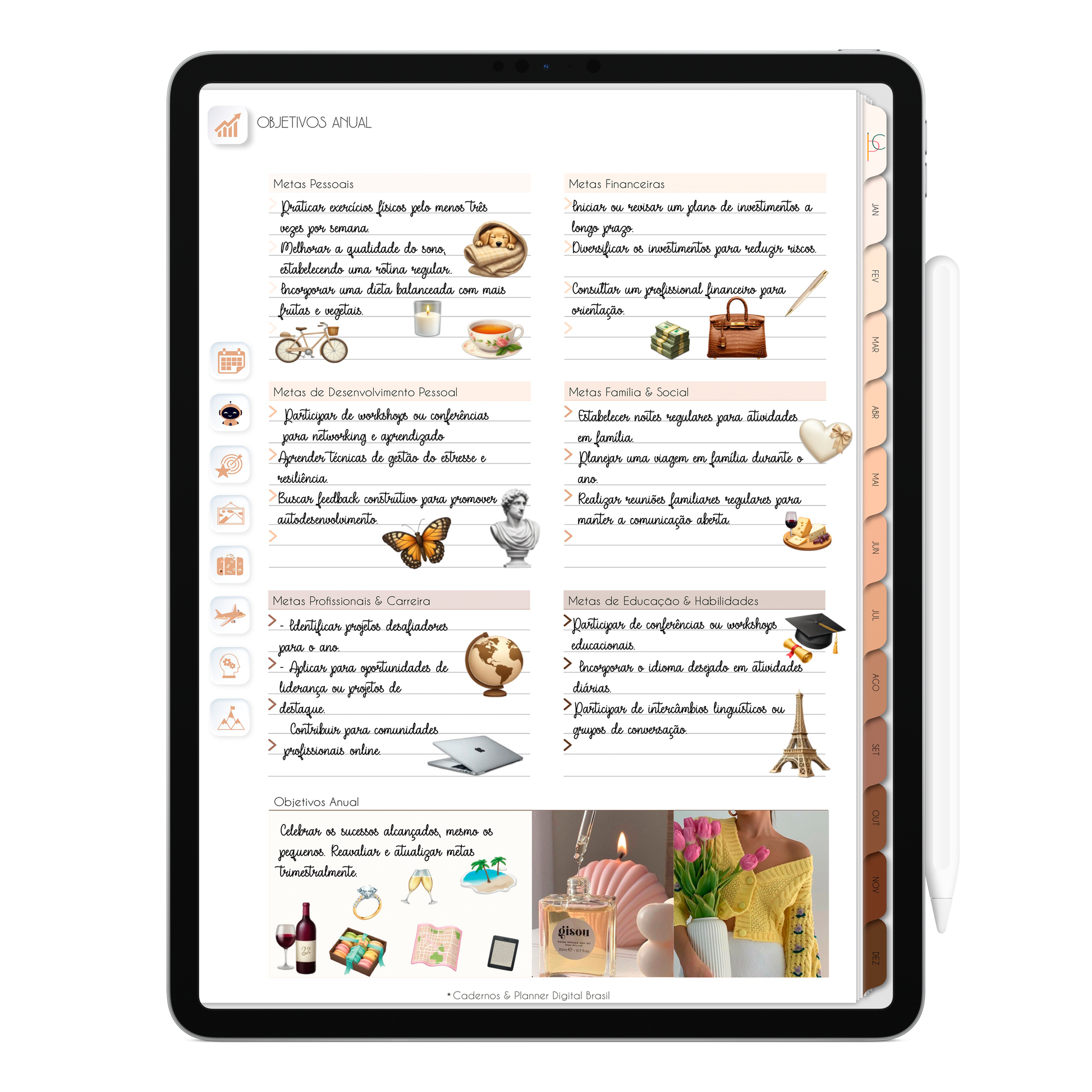 Página Objetivos Anual com seção para definir metas das áreas da vida do Planner Digital 2026 Minimal Universe Vertical da Cadernos & Planner Digital Brasil visualizada em um iPad ou Tablet Android, compatível com GoodNotes e Notein.
