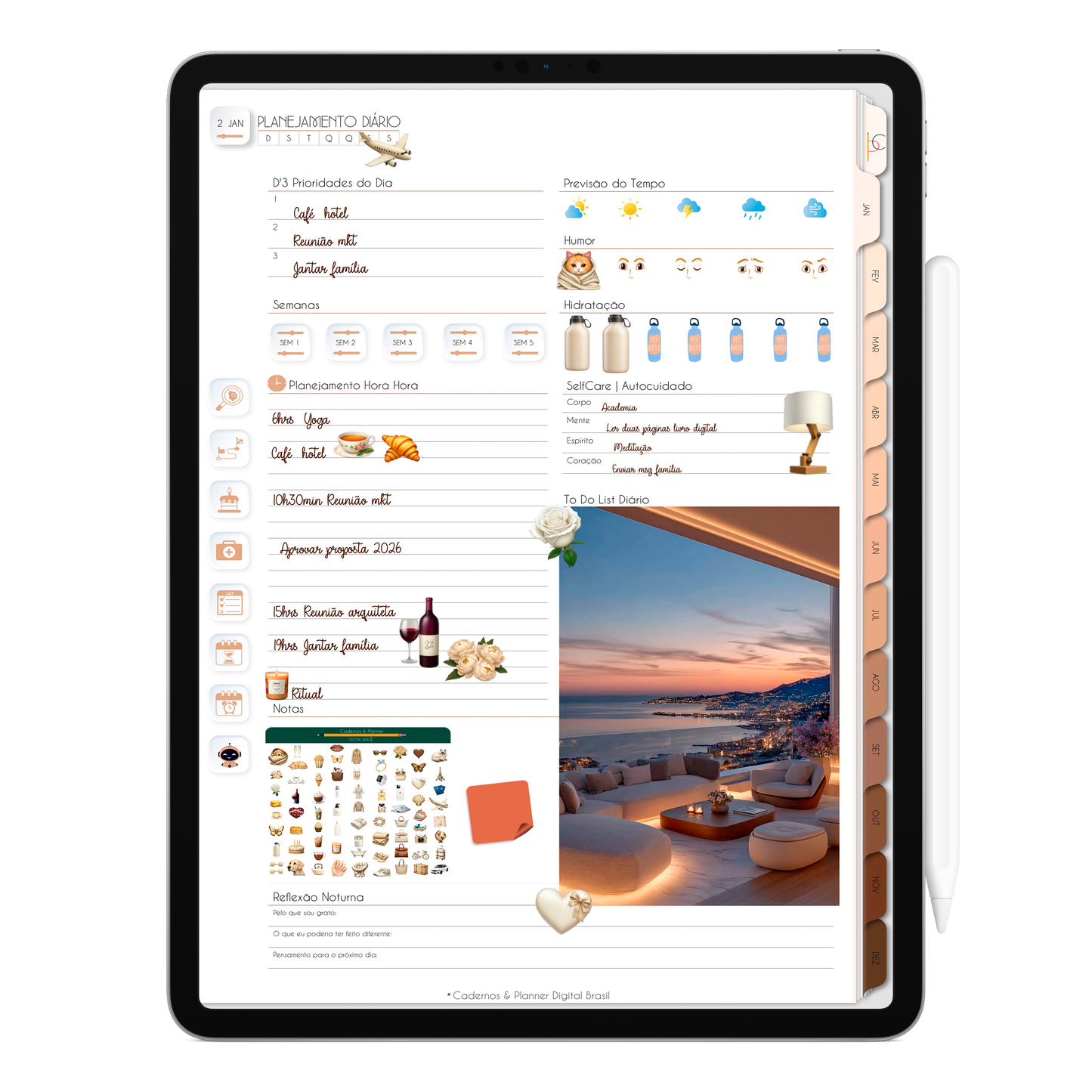 Planner Diário, planejamento do dia com agenda hora a hora no Planner Digital 2026 Minimal Universe Vertical da Cadernos & Planner Digital Brasil visualizada em um iPad ou Tablet Android, compatível com GoodNotes e Notein.
