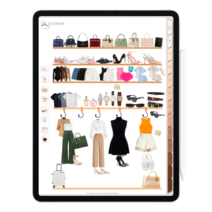 Planner LookBook planejamento e organização do que vestir do Planner Digital 2026 Minimal Universe Vertical da Cadernos & Planner Digital Brasil visualizada em um iPad ou Tablet Android, compatível com GoodNotes e Notein.