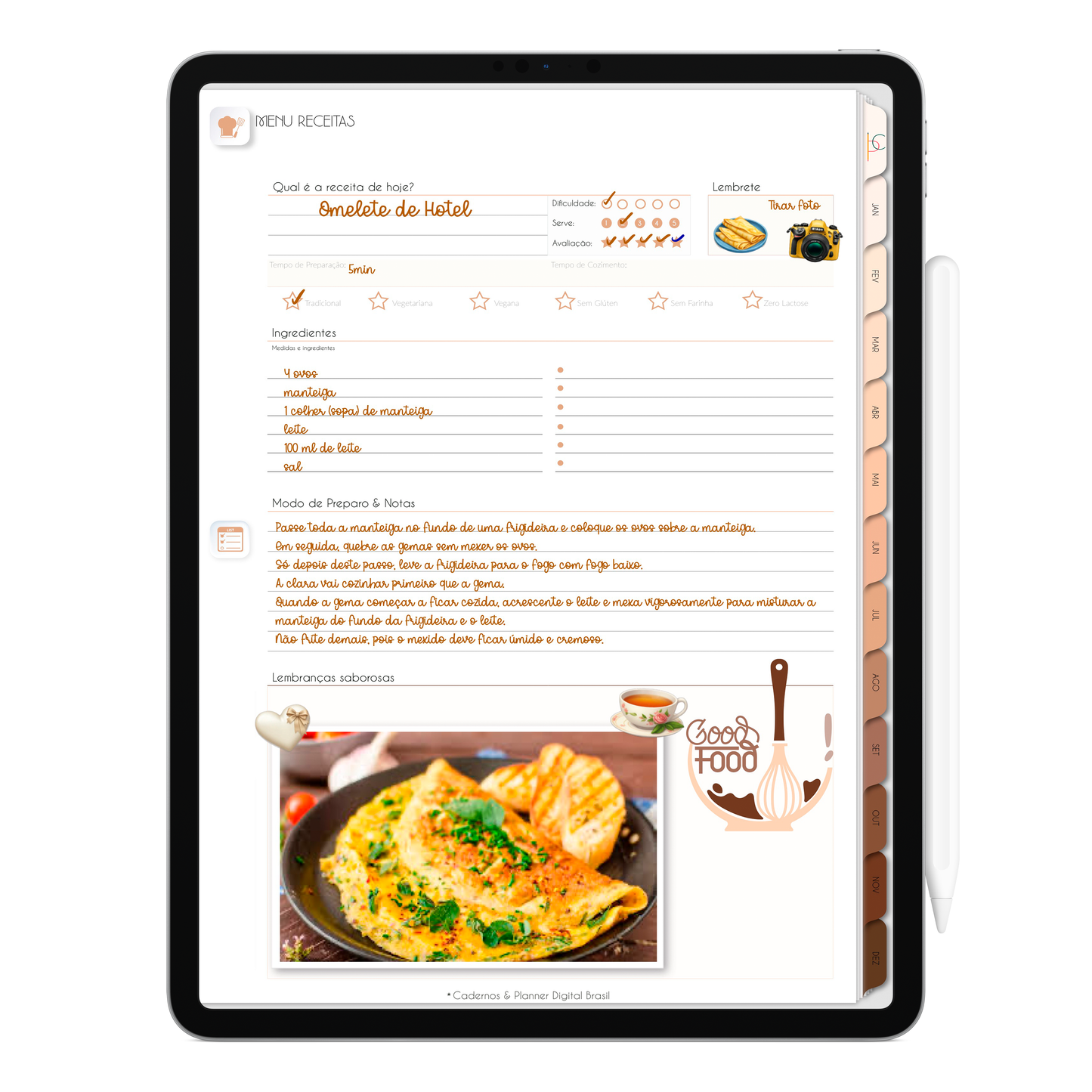 Planner de Receitas do Planner Digital 2026 Minimal Universe Vertical da Cadernos & Planner Digital Brasil visualizada em um iPad ou Tablet Android, compatível com GoodNotes e Notein.